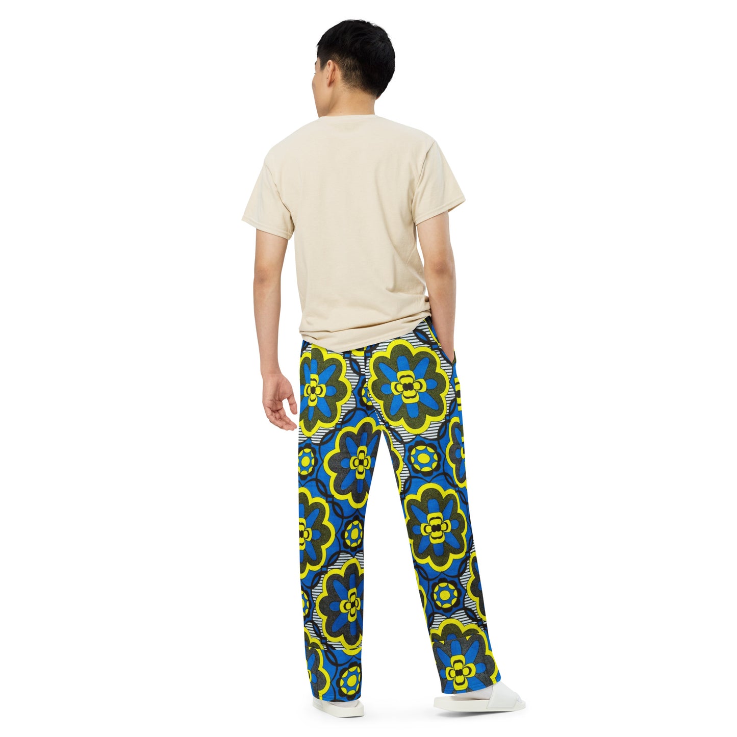 Yellow Blue & Grey Floral Shape Ankara Unisex Wide-Leg Pants