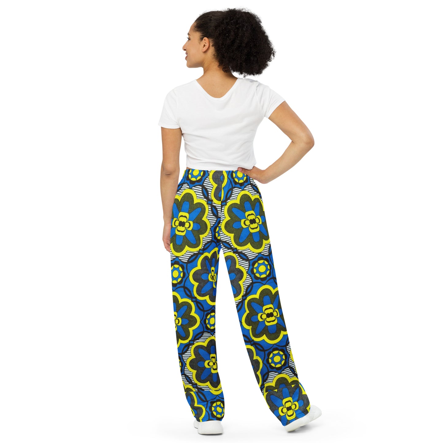 Yellow Blue & Grey Floral Shape Ankara Unisex Wide-Leg Pants