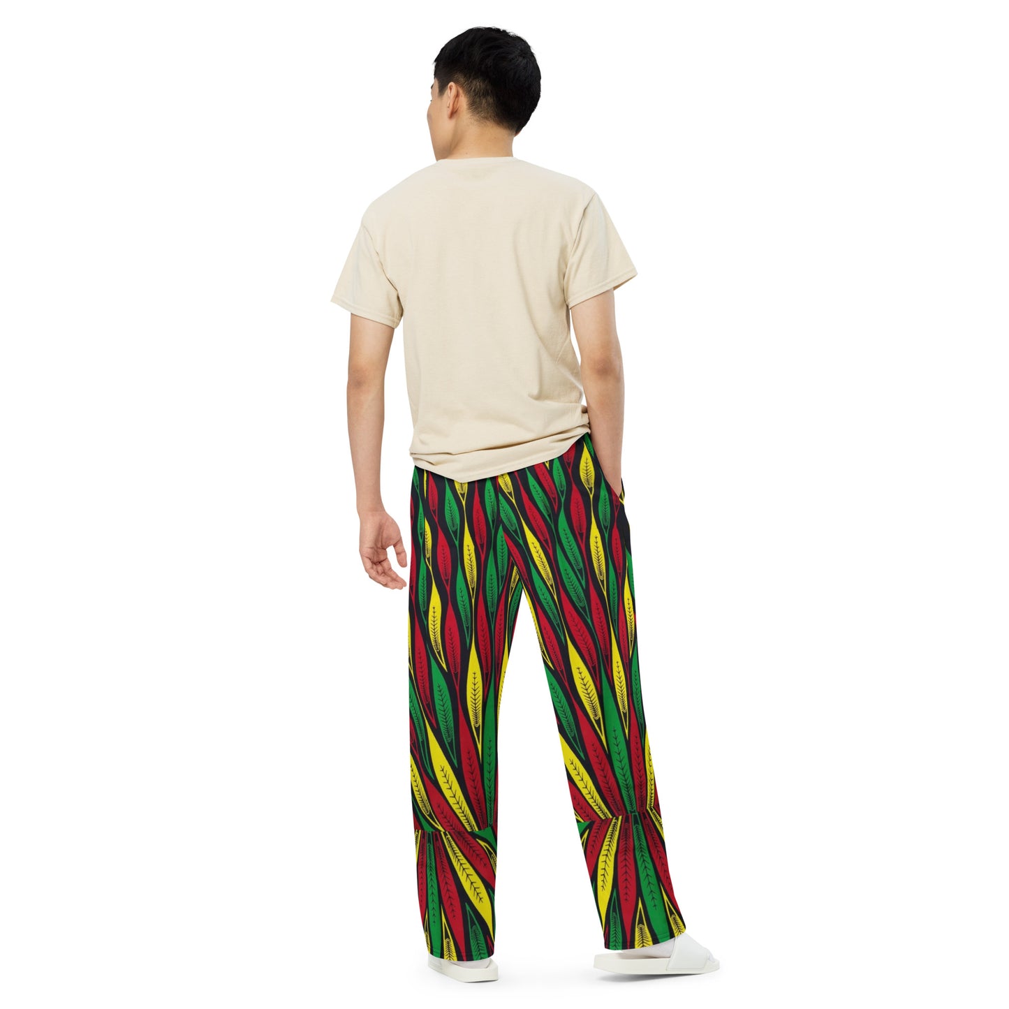 Red Yellow Green Leaf Ankara Unisex Wide-Leg Pants