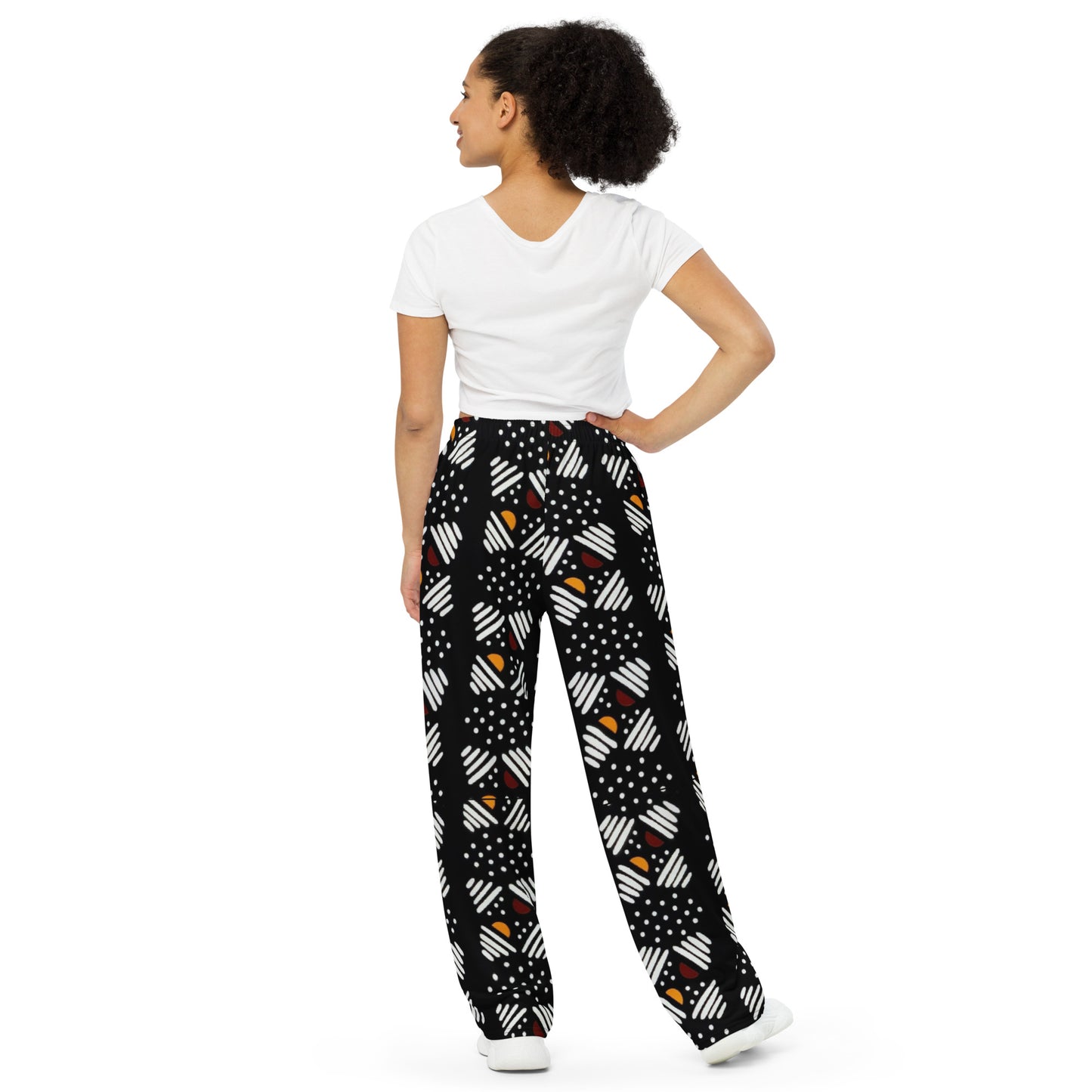 Red Yellow Black & White Bogolan Ankara Unisex Wide-Leg Pants