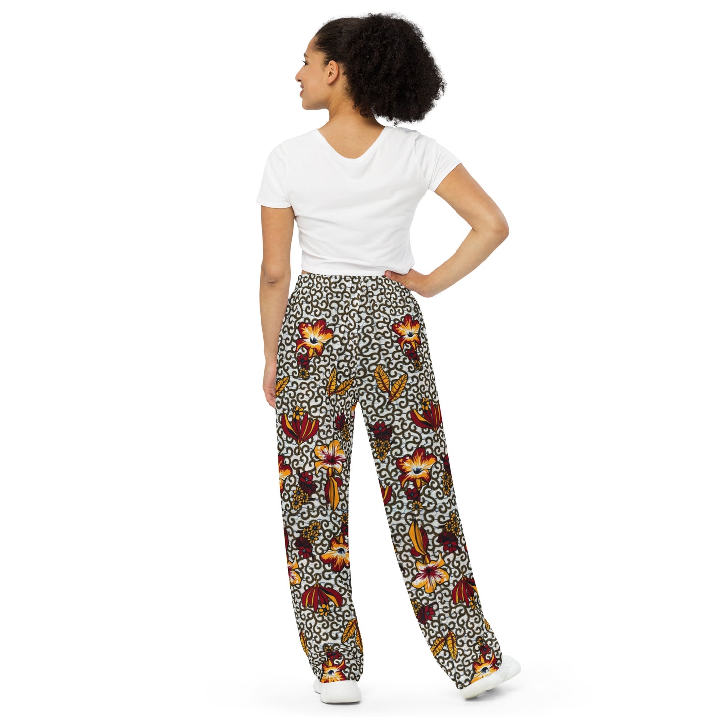 Red White & Yellow Flower Ankara Unisex Wide-Leg Pants