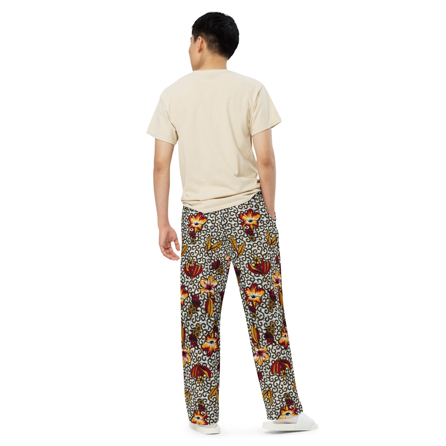 Red White & Yellow Flower Ankara Unisex Wide-Leg Pants