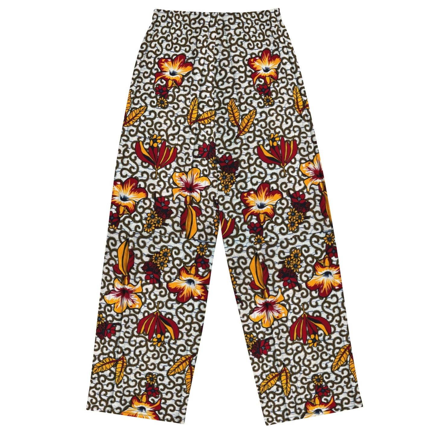 Red White & Yellow Flower Ankara Unisex Wide-Leg Pants