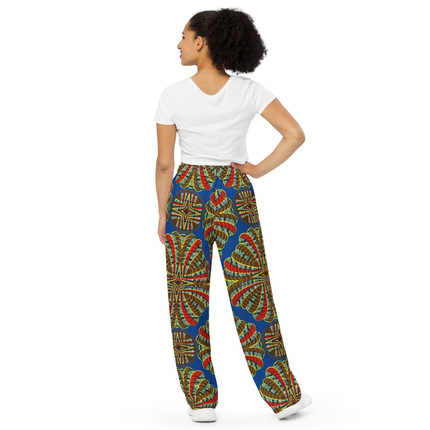 Red & Brown Abstract On Blue Ankara Unisex Wide-Leg Pants