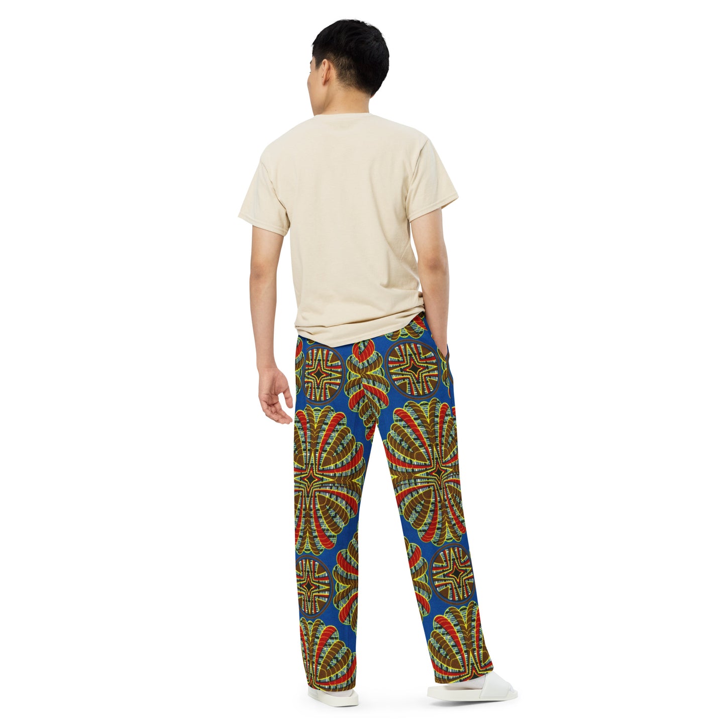 Red & Brown Abstract On Blue Ankara Unisex Wide-Leg Pants