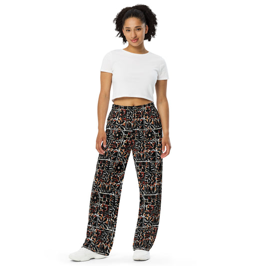 Red Black Abstract Pattern Adire Unisex Wide-Leg Pants