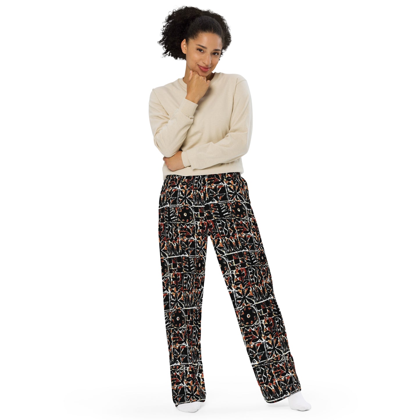 Red Black Abstract Pattern Adire Unisex Wide-Leg Pants