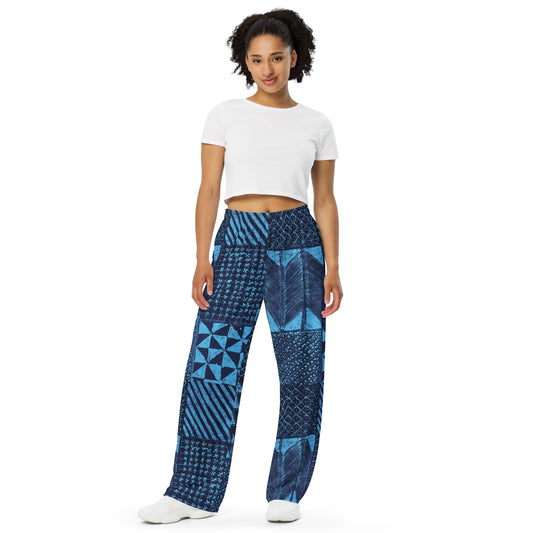 Black And Turquoise Shapes Adire Unisex Wide-Leg Pants