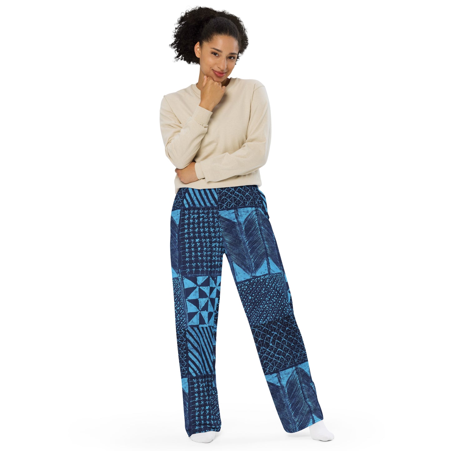 Black And Turquoise Shapes Adire Unisex Wide-Leg Pants