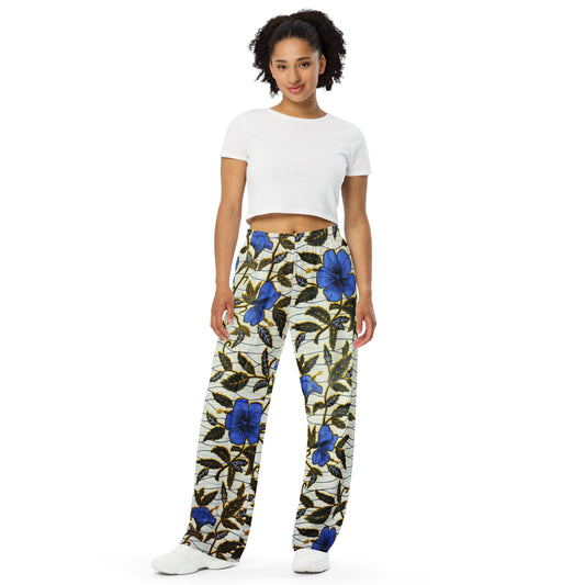 Cornflower Blue Leafy Ankara Unisex Wide-Leg Pants