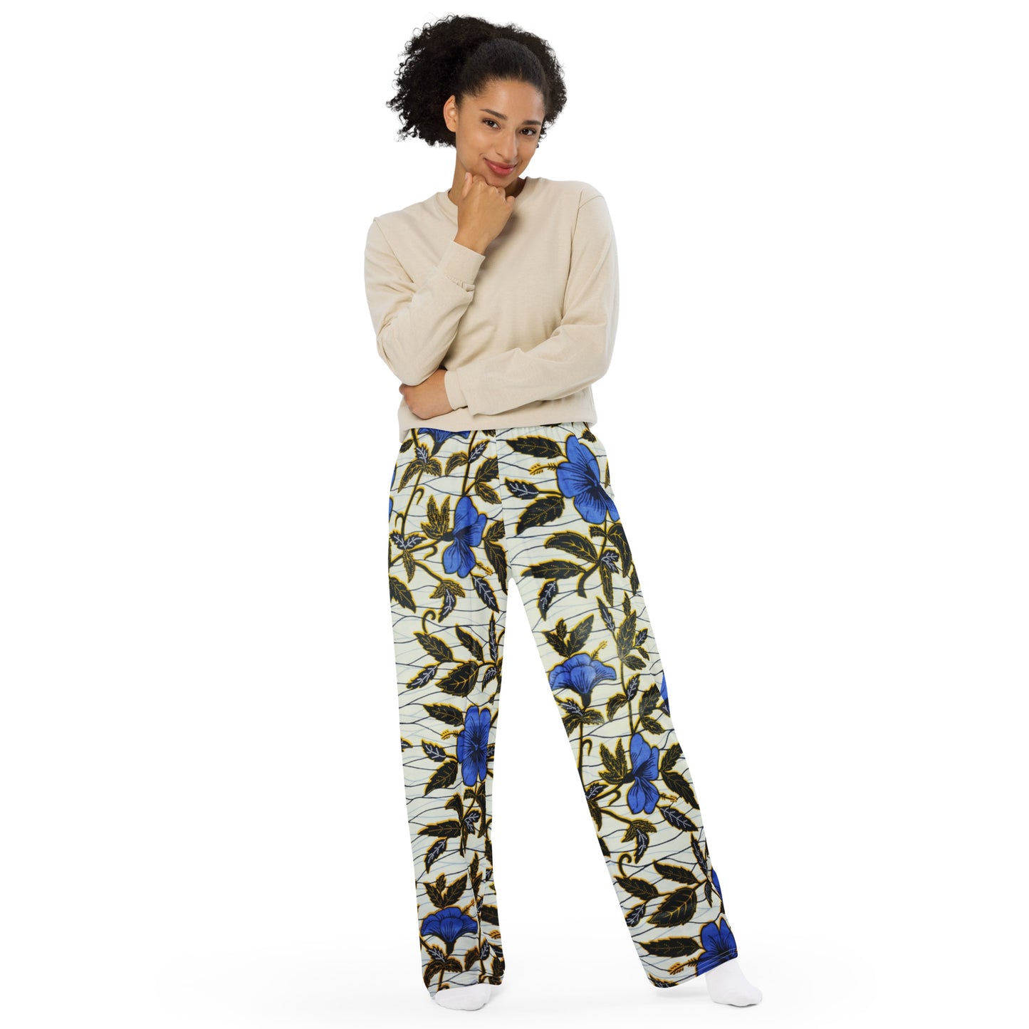 Cornflower Blue Leafy Ankara Unisex Wide-Leg Pants