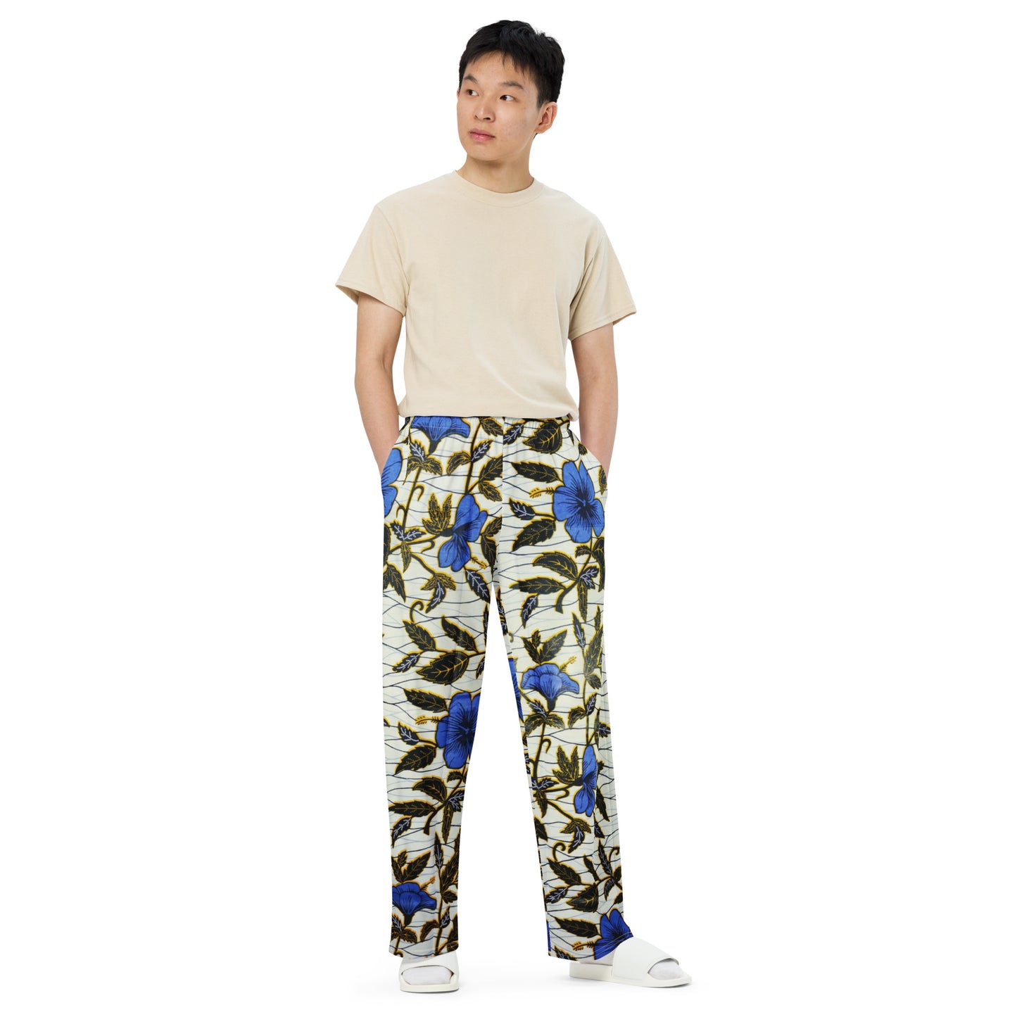 Cornflower Blue Leafy Ankara Unisex Wide-Leg Pants