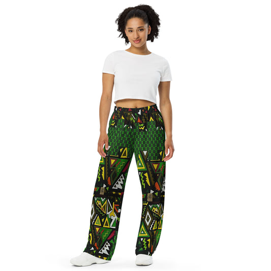 Vibrant Multicolour Green Black Yellow Red Ethnic Ankara Unisex Wide-Leg Pants