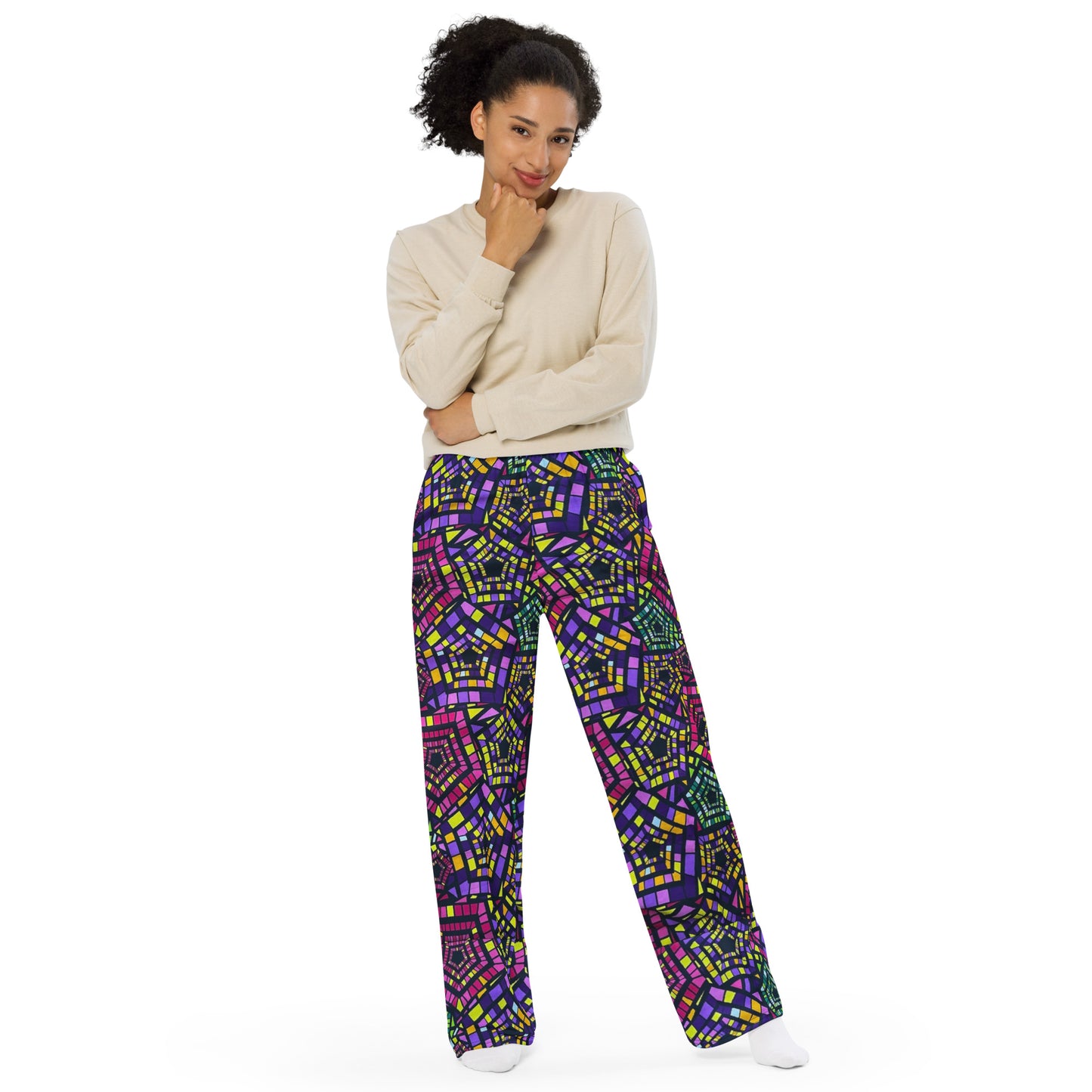 Yellow Pink Green Kente Ankara Unisex Wide-Leg Pants