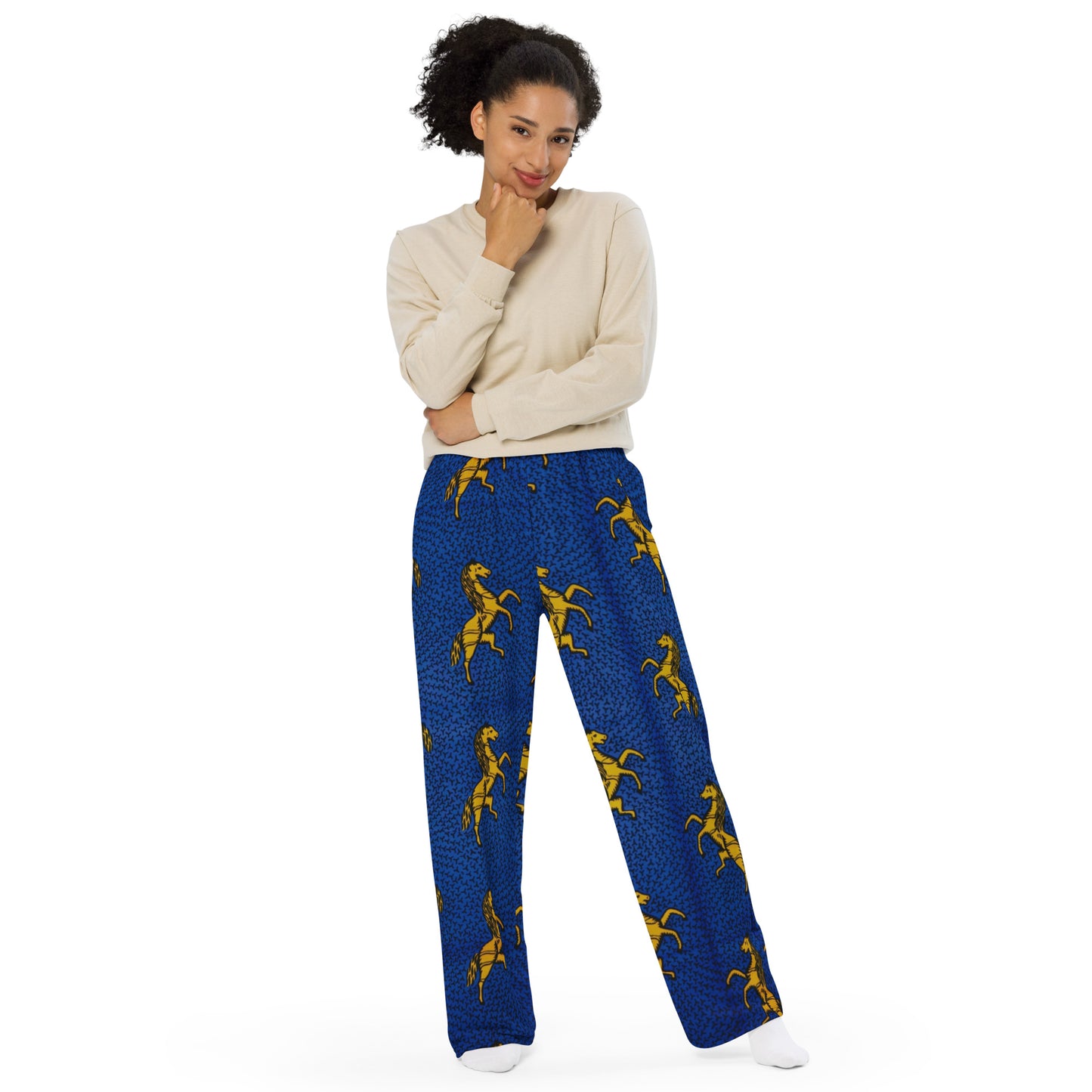 Yellow Horses On Blue Ankara Unisex Wide-Leg Pants