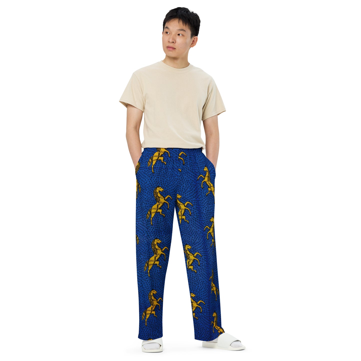 Yellow Horses On Blue Ankara Unisex Wide-Leg Pants