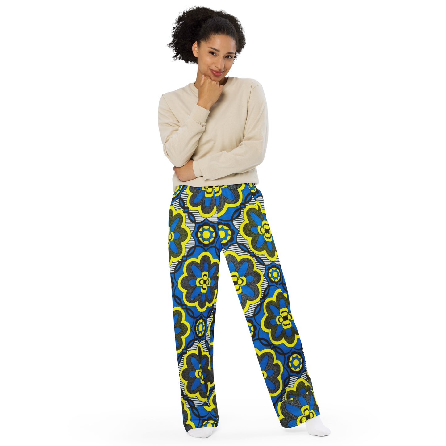 Yellow Blue & Grey Floral Shape Ankara Unisex Wide-Leg Pants