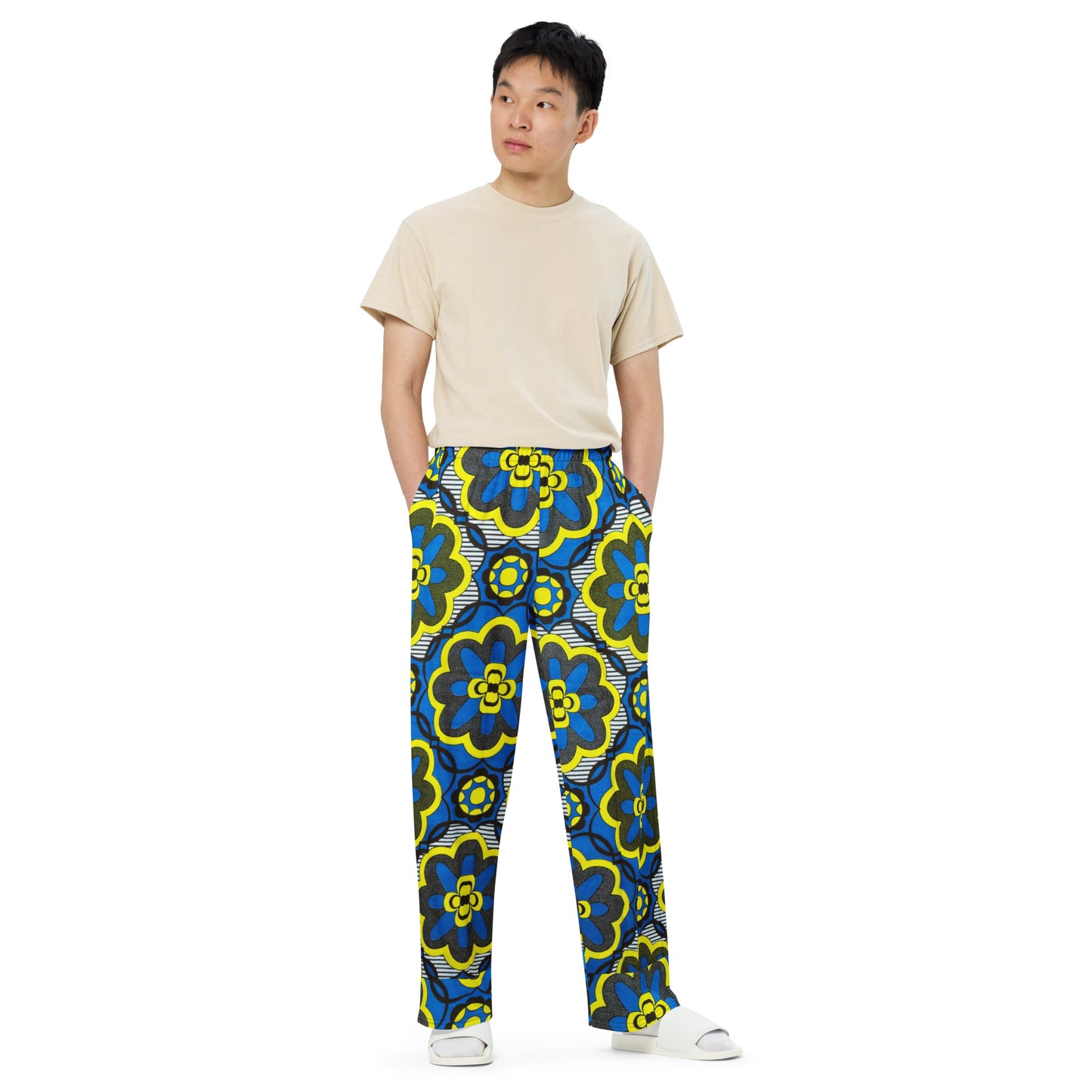 Yellow Blue & Grey Floral Shape Ankara Unisex Wide-Leg Pants