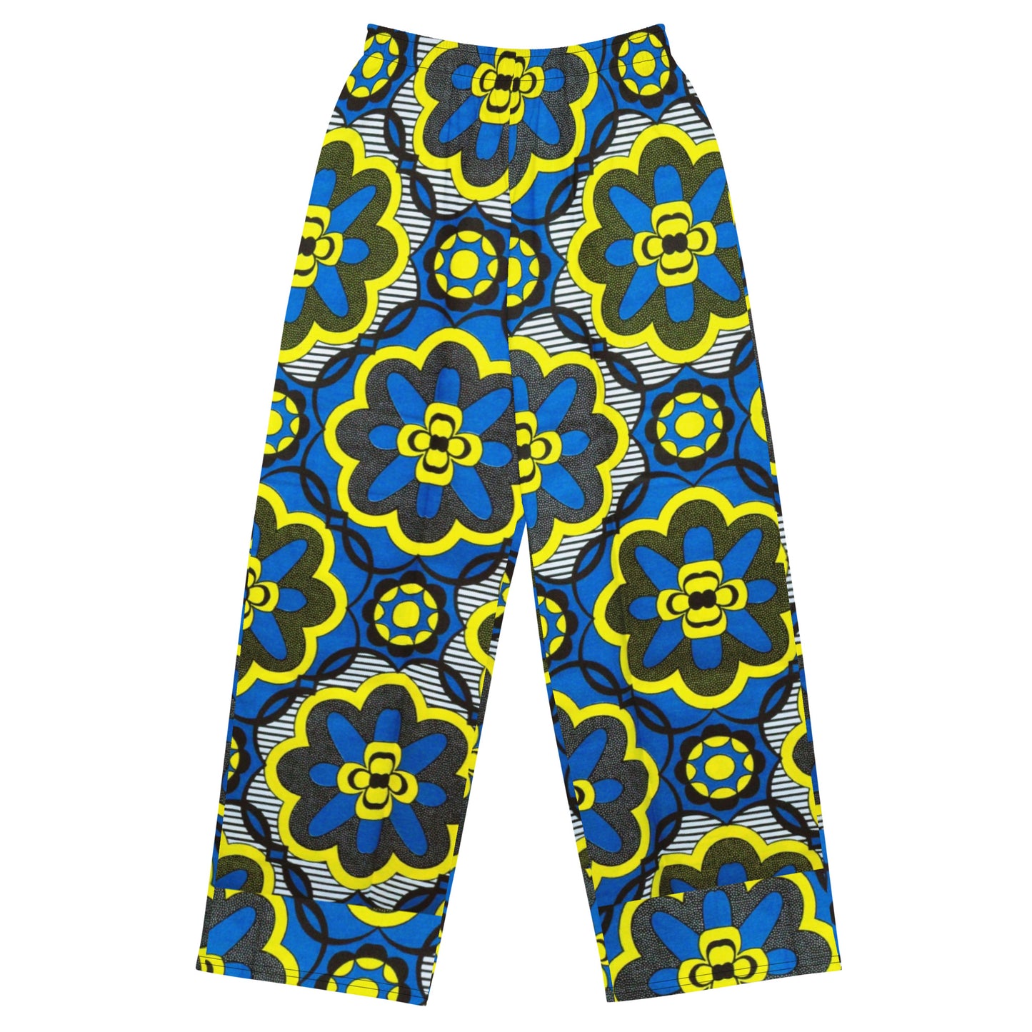 Yellow Blue & Grey Floral Shape Ankara Unisex Wide-Leg Pants