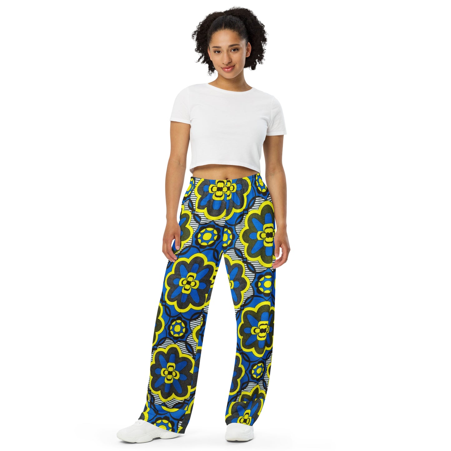 Yellow Blue & Grey Floral Shape Ankara Unisex Wide-Leg Pants