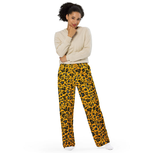 Yellow & Leaves Ankara Unisex Wide-Leg Pants