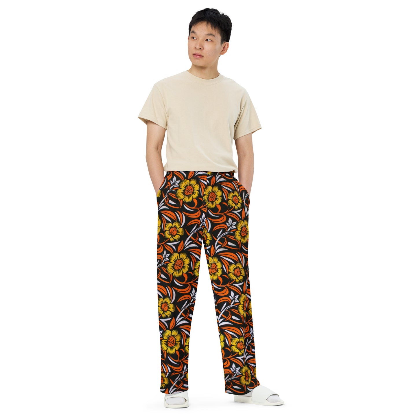 Yellow & Orange Floral Ankara Unisex Wide-Leg Pants