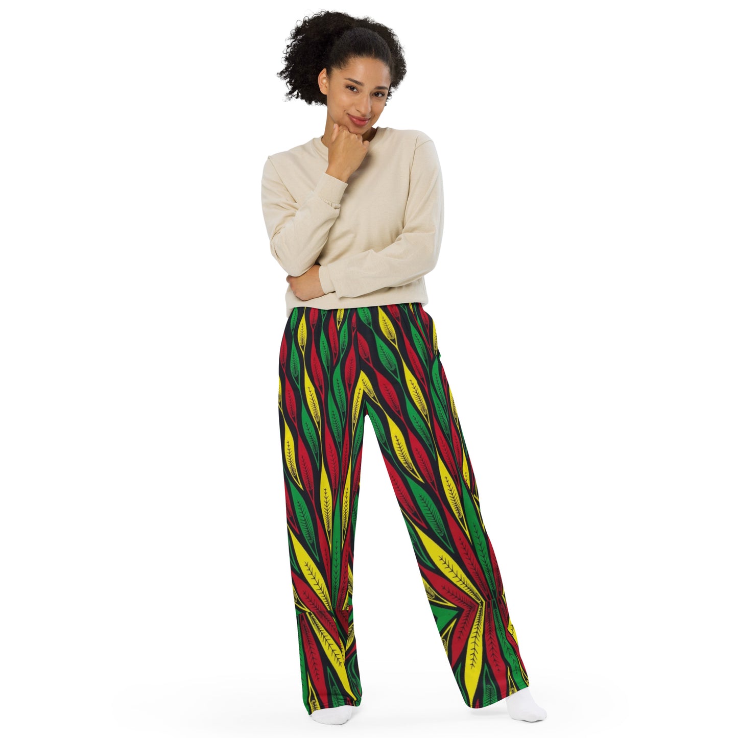 Red Yellow Green Leaf Ankara Unisex Wide-Leg Pants