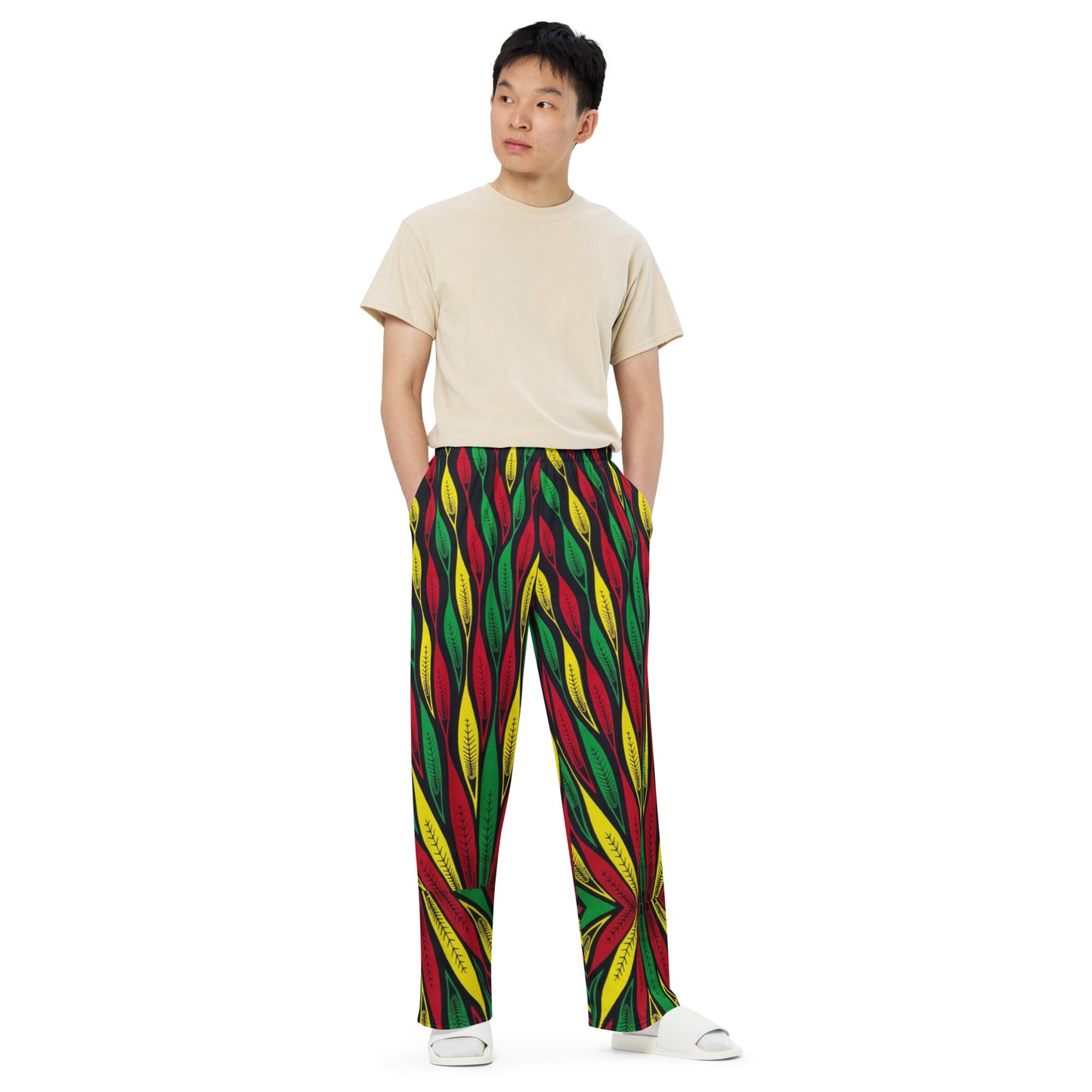 Red Yellow Green Leaf Ankara Unisex Wide-Leg Pants