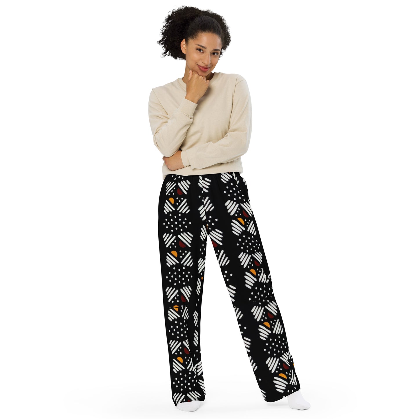 Red Yellow Black & White Bogolan Ankara Unisex Wide-Leg Pants