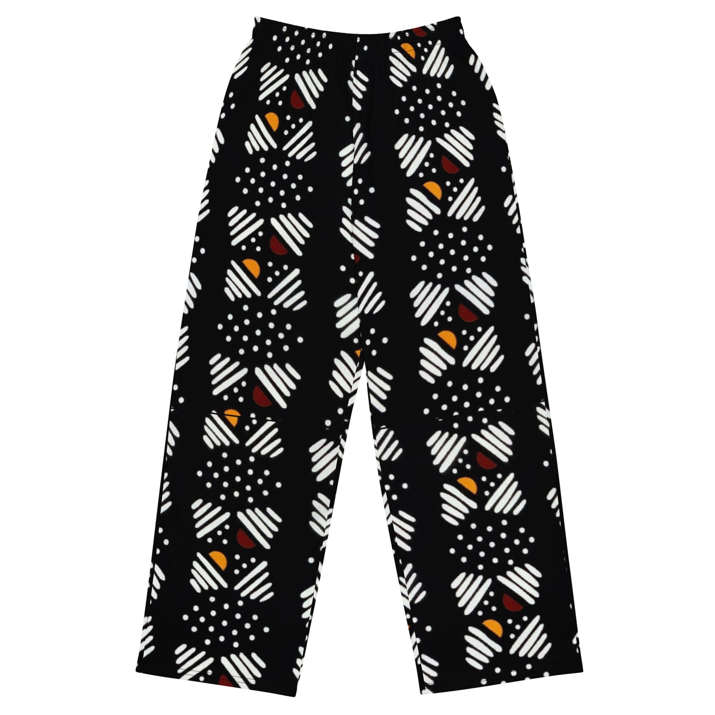 Red Yellow Black & White Bogolan Ankara Unisex Wide-Leg Pants