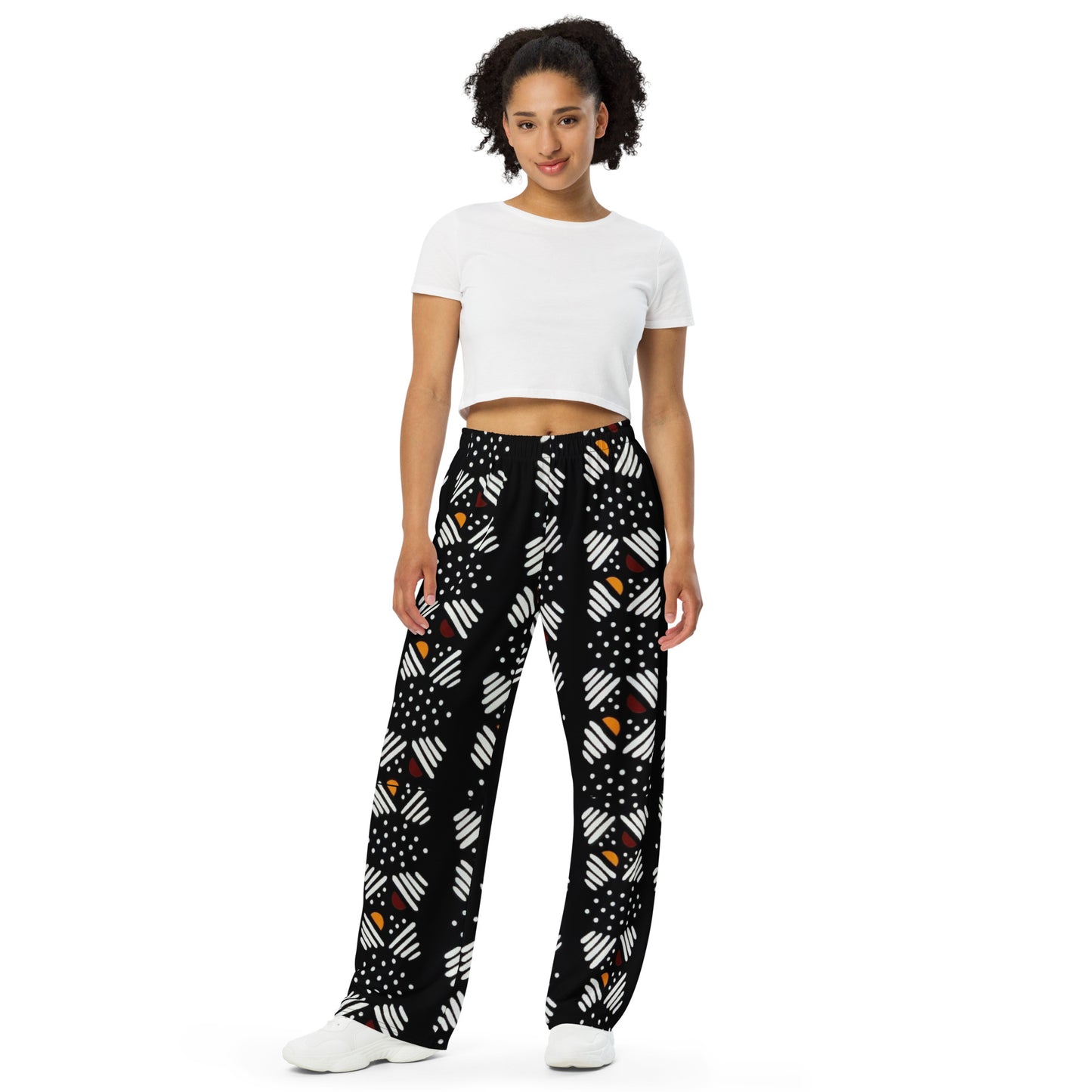 Red Yellow Black & White Bogolan Ankara Unisex Wide-Leg Pants