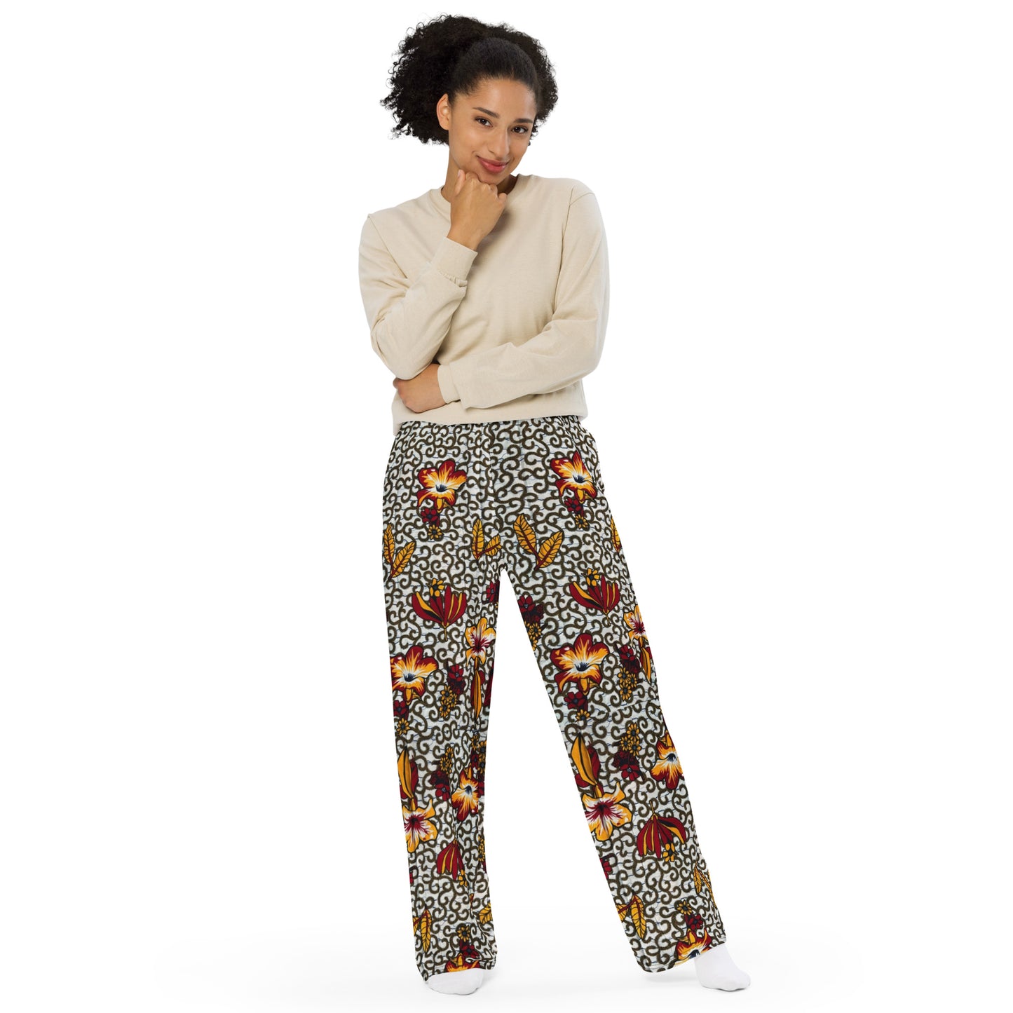 Red White & Yellow Flower Ankara Unisex Wide-Leg Pants