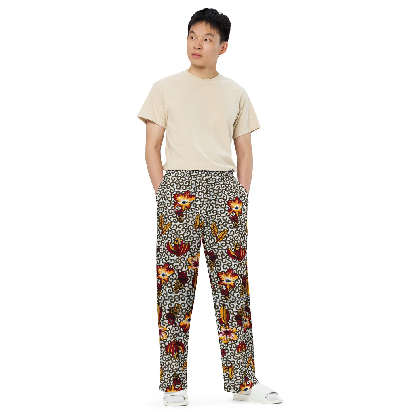 Red White & Yellow Flower Ankara Unisex Wide-Leg Pants