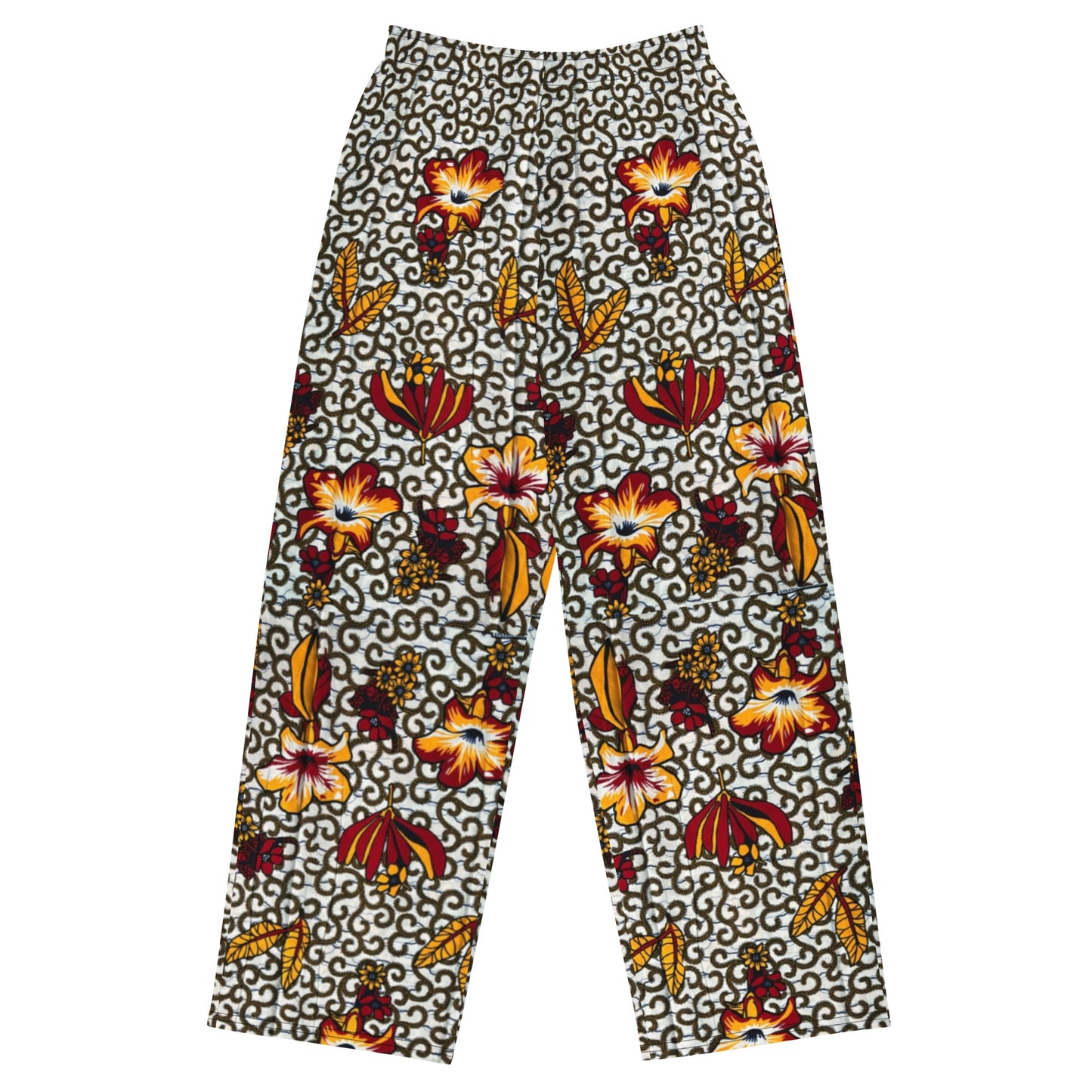 Red White & Yellow Flower Ankara Unisex Wide-Leg Pants