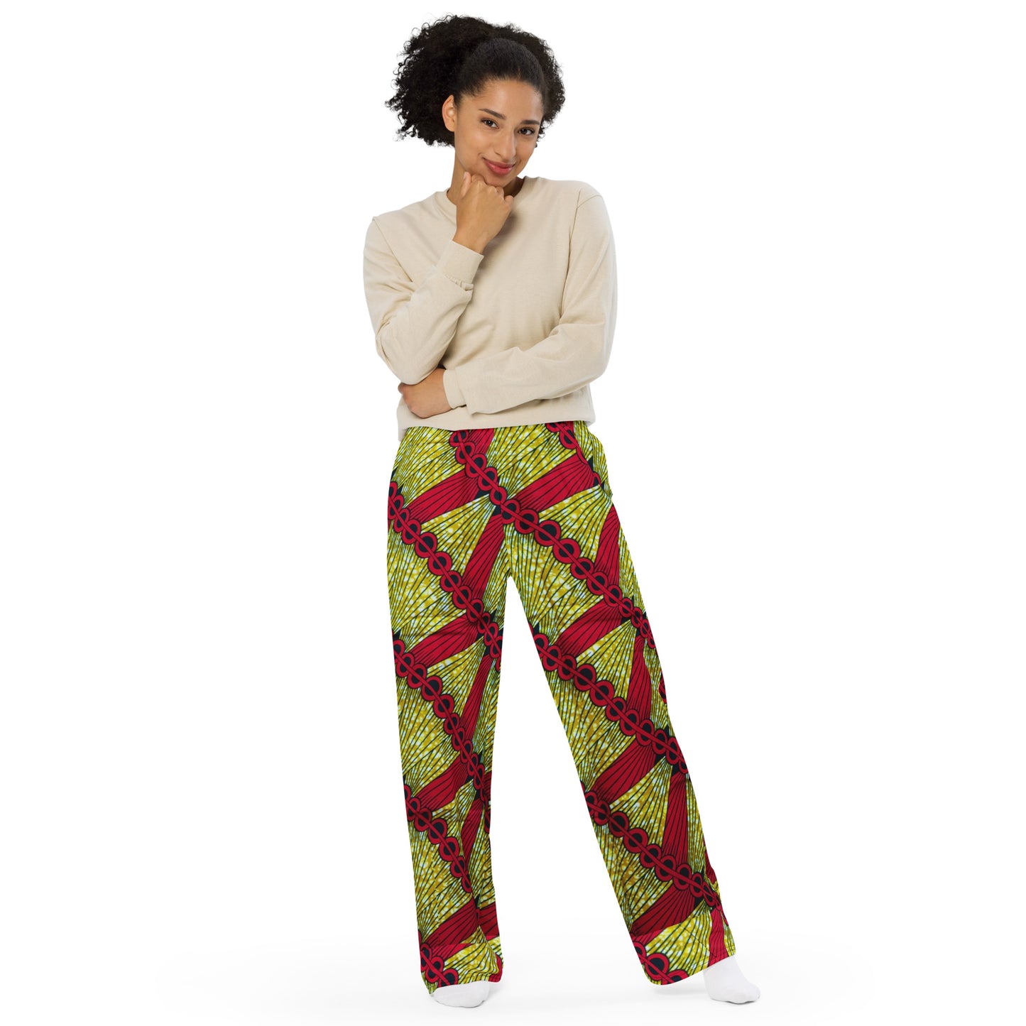 Red On Lime Green Ankara Unisex Wide-Leg Pants