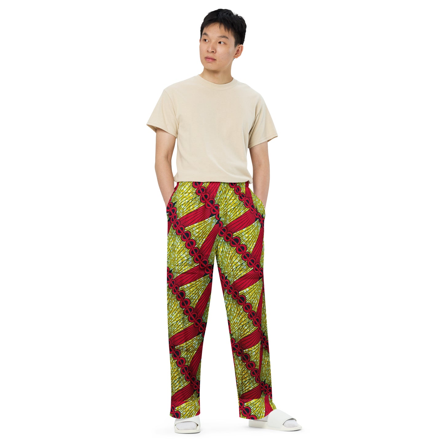 Red On Lime Green Ankara Unisex Wide-Leg Pants