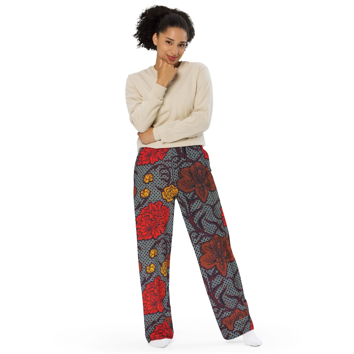 Red Brown & Yellow Floral Ankara Unisex Wide-Leg Pants