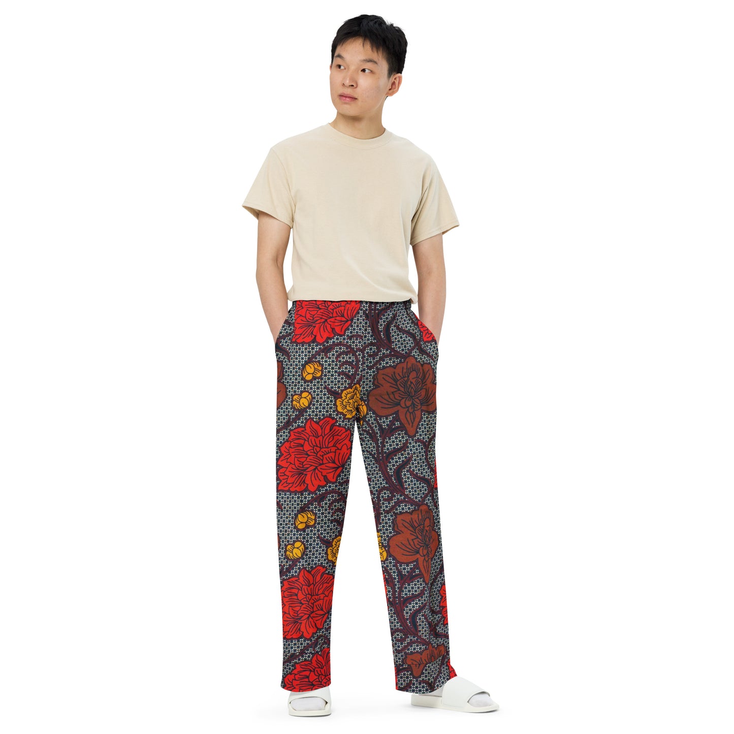 Red Brown & Yellow Floral Ankara Unisex Wide-Leg Pants