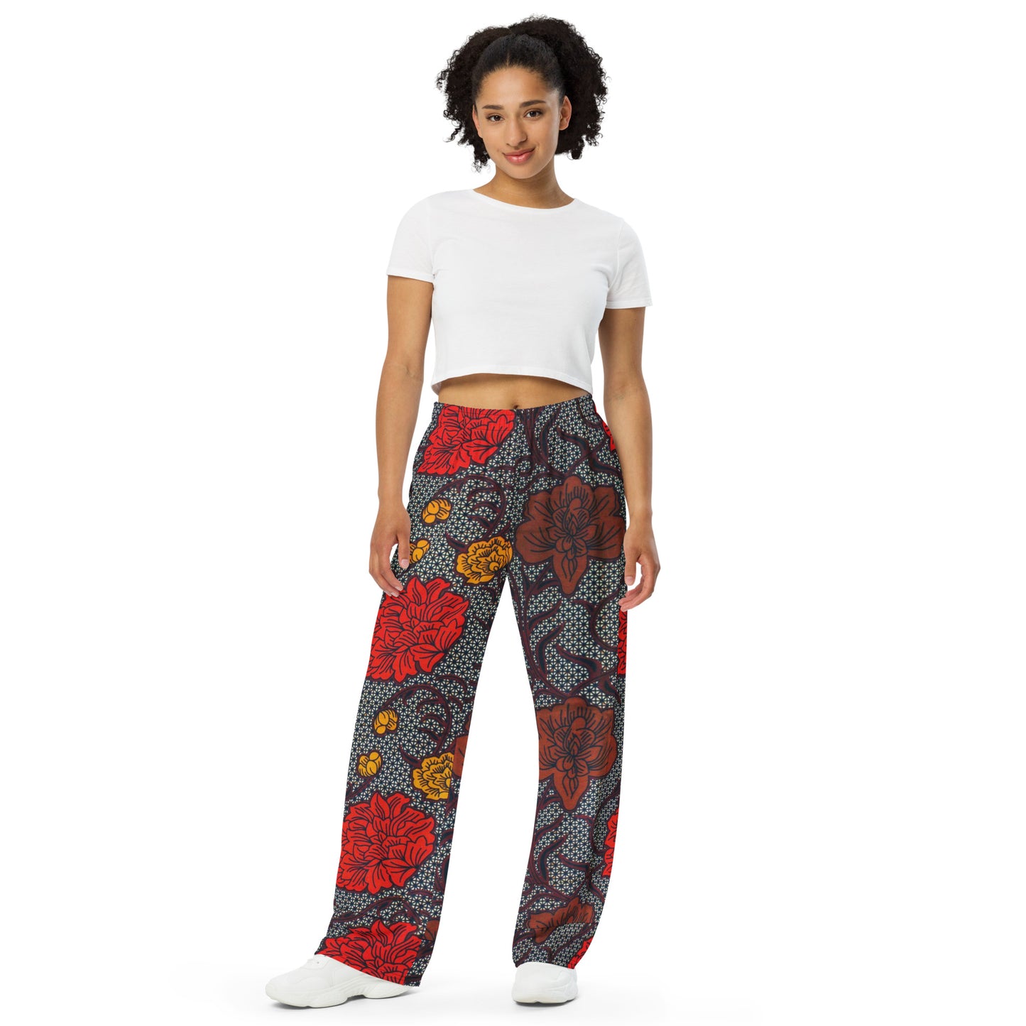 Red Brown & Yellow Floral Ankara Unisex Wide-Leg Pants