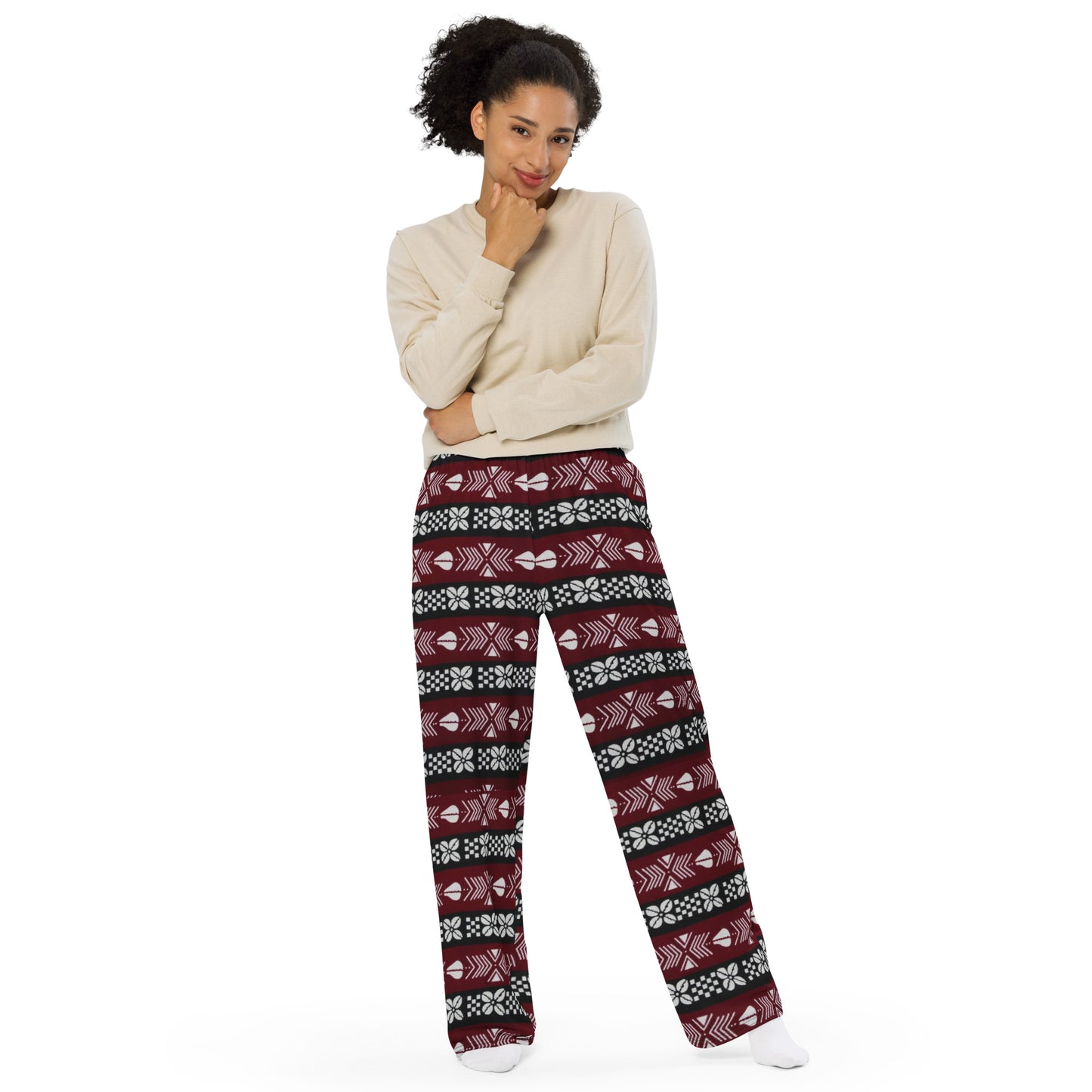 Red Black & White Bogolan Ankara Unisex Wide-Leg Pants