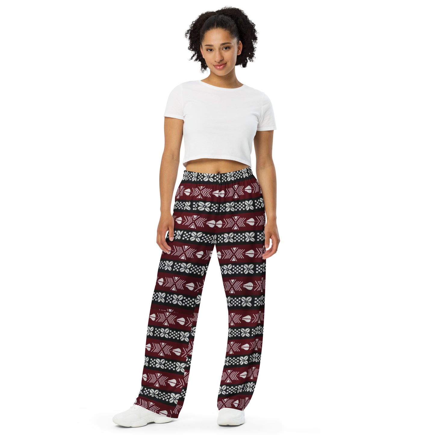 Red Black & White Bogolan Ankara Unisex Wide-Leg Pants