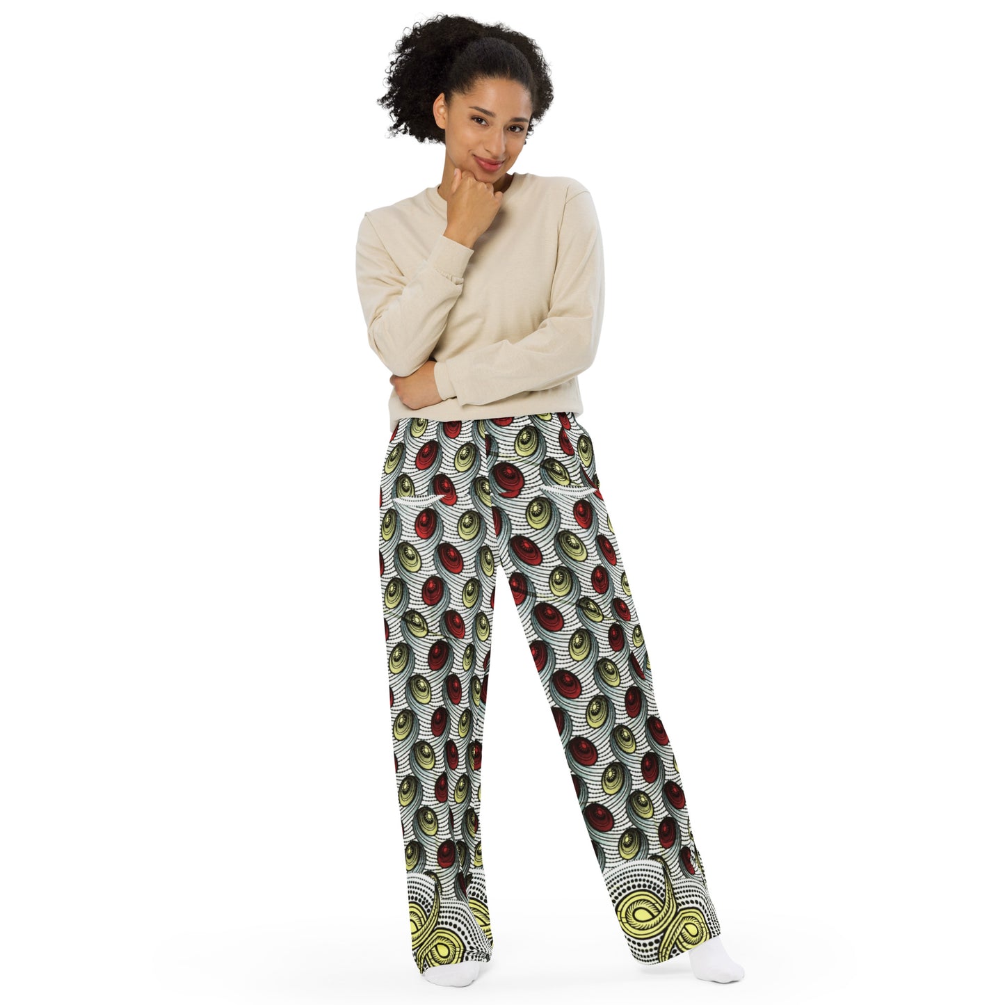 Red & Pale Yellow Ovals Ankara Unisex Wide-Leg Pants