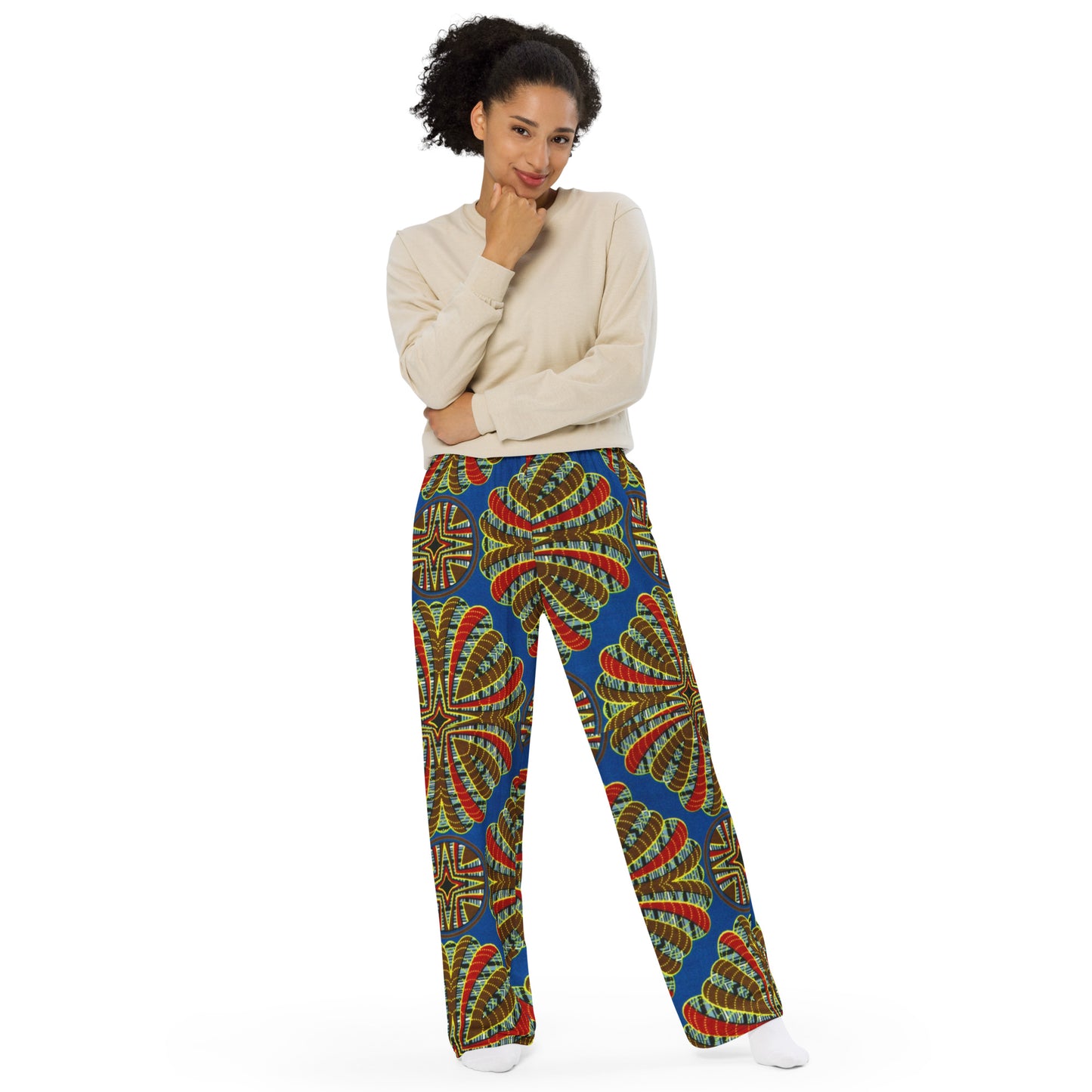 Red & Brown Abstract On Blue Ankara Unisex Wide-Leg Pants