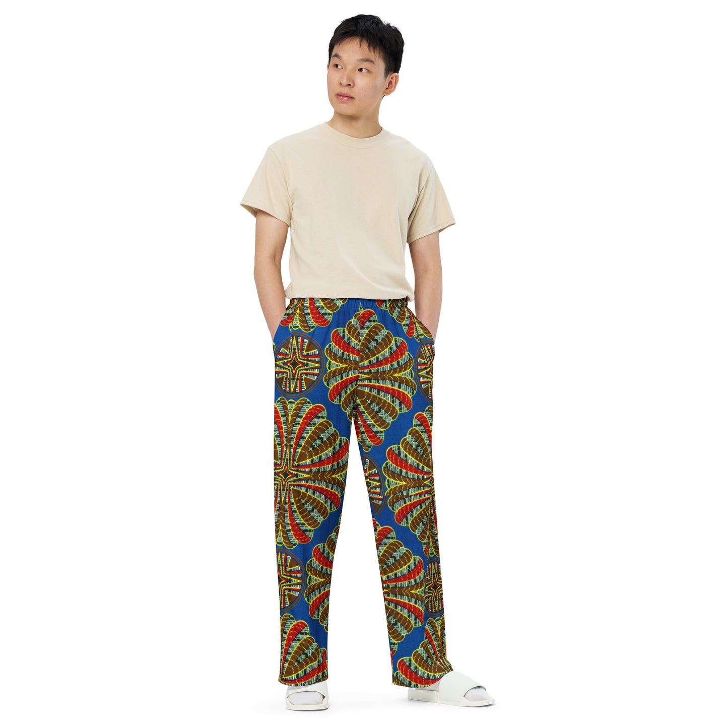 Red & Brown Abstract On Blue Ankara Unisex Wide-Leg Pants