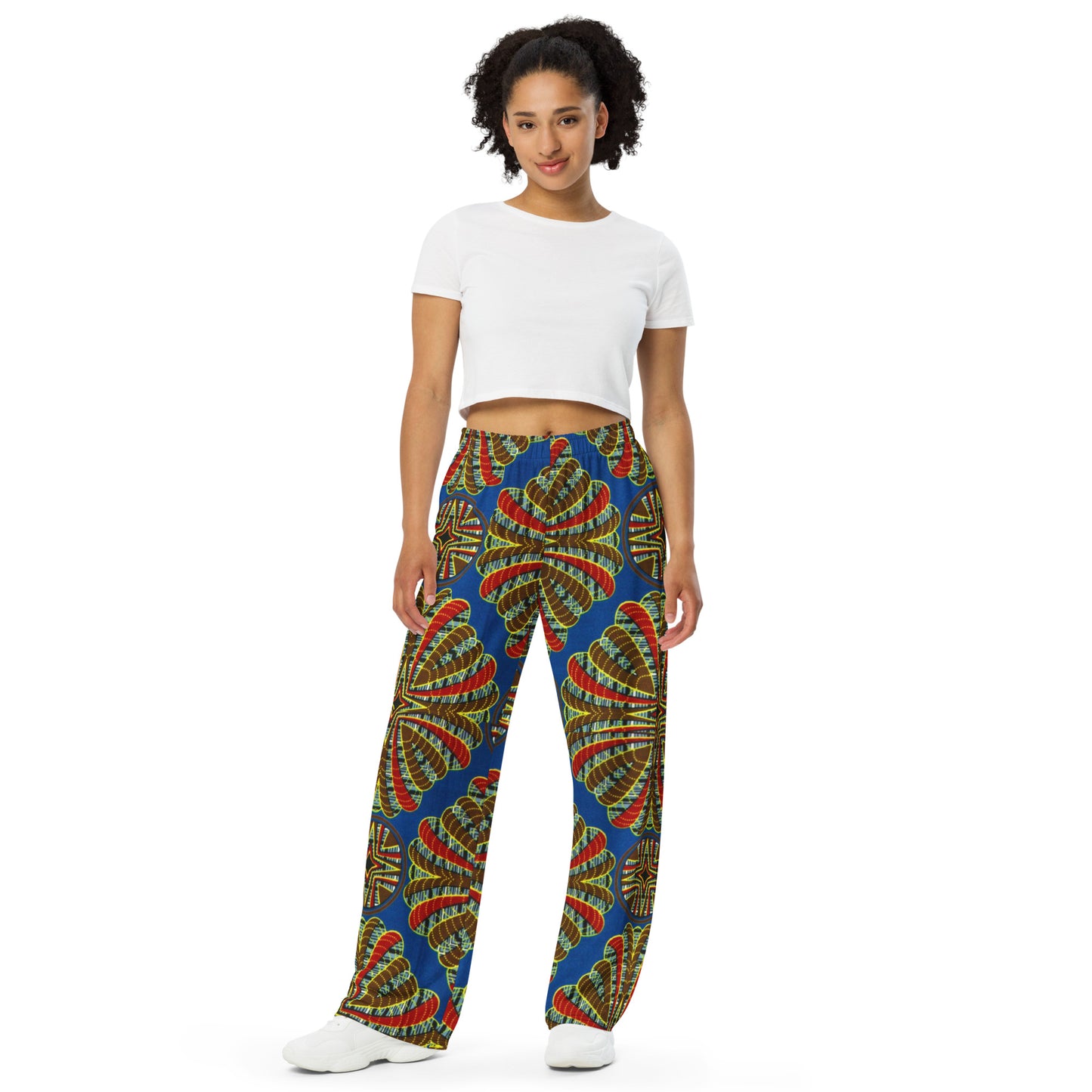 Red & Brown Abstract On Blue Ankara Unisex Wide-Leg Pants