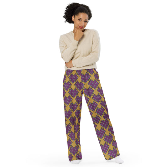 Purple Yellow Shapes Ankara Unisex Wide-Leg Pants