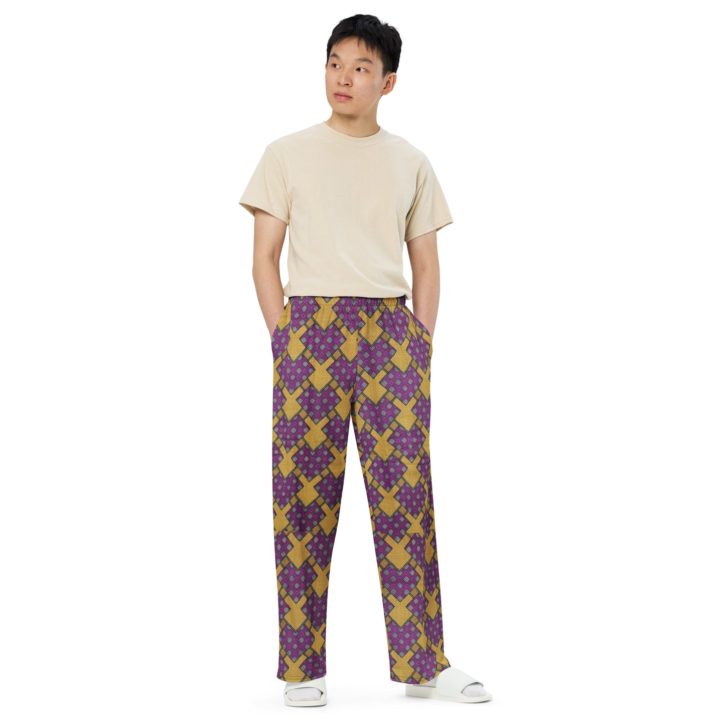 Purple Yellow Shapes Ankara Unisex Wide-Leg Pants