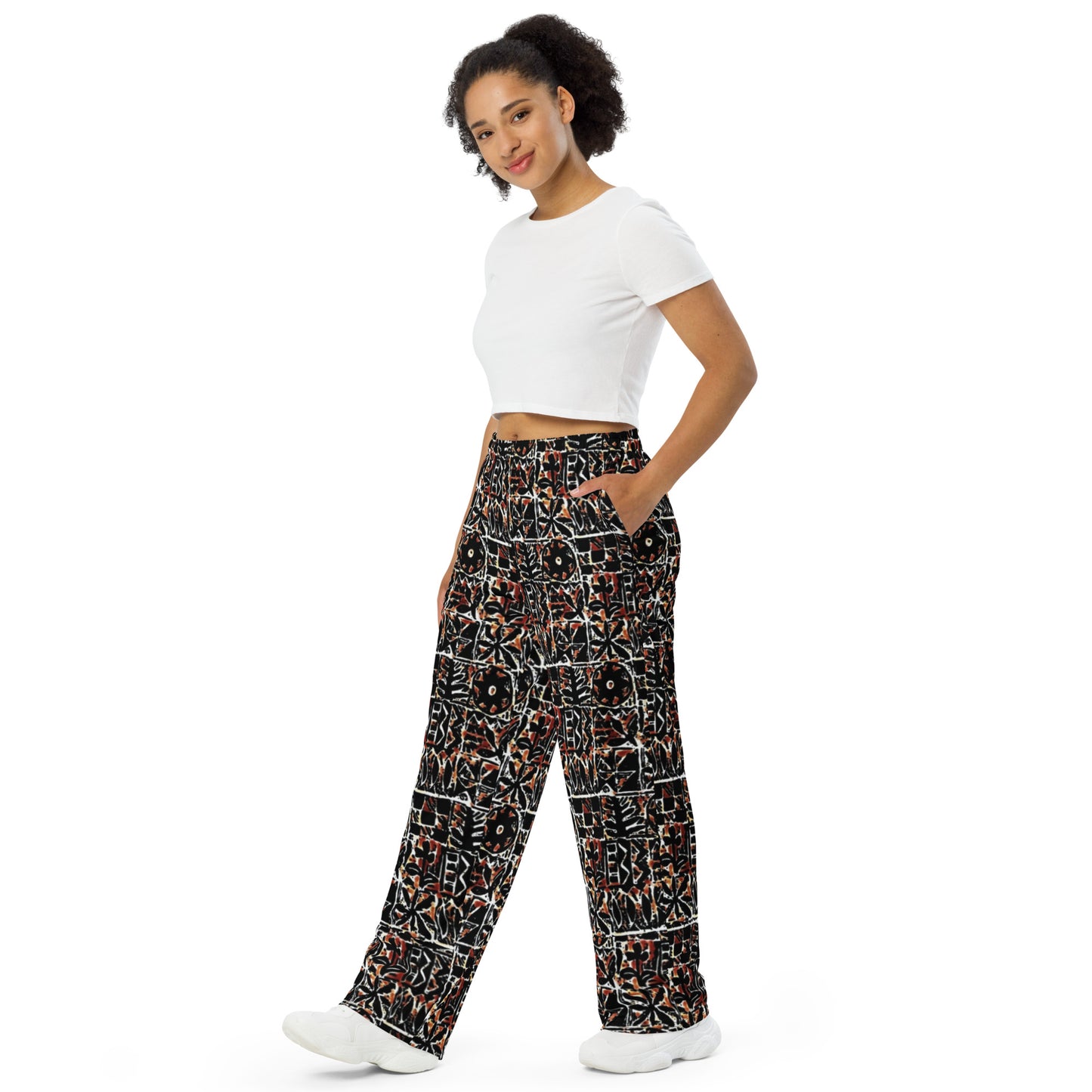 Red Black Abstract Pattern Adire Unisex Wide-Leg Pants