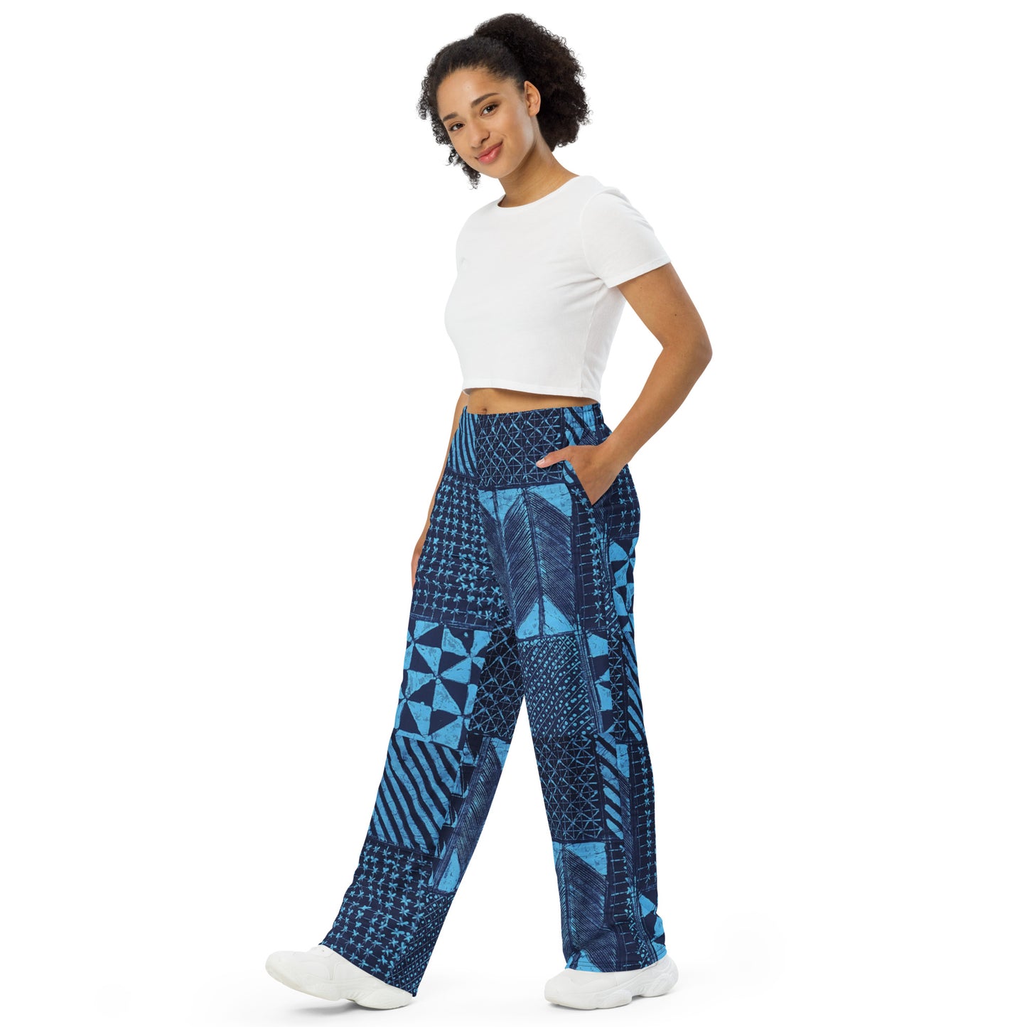 Black And Turquoise Shapes Adire Unisex Wide-Leg Pants