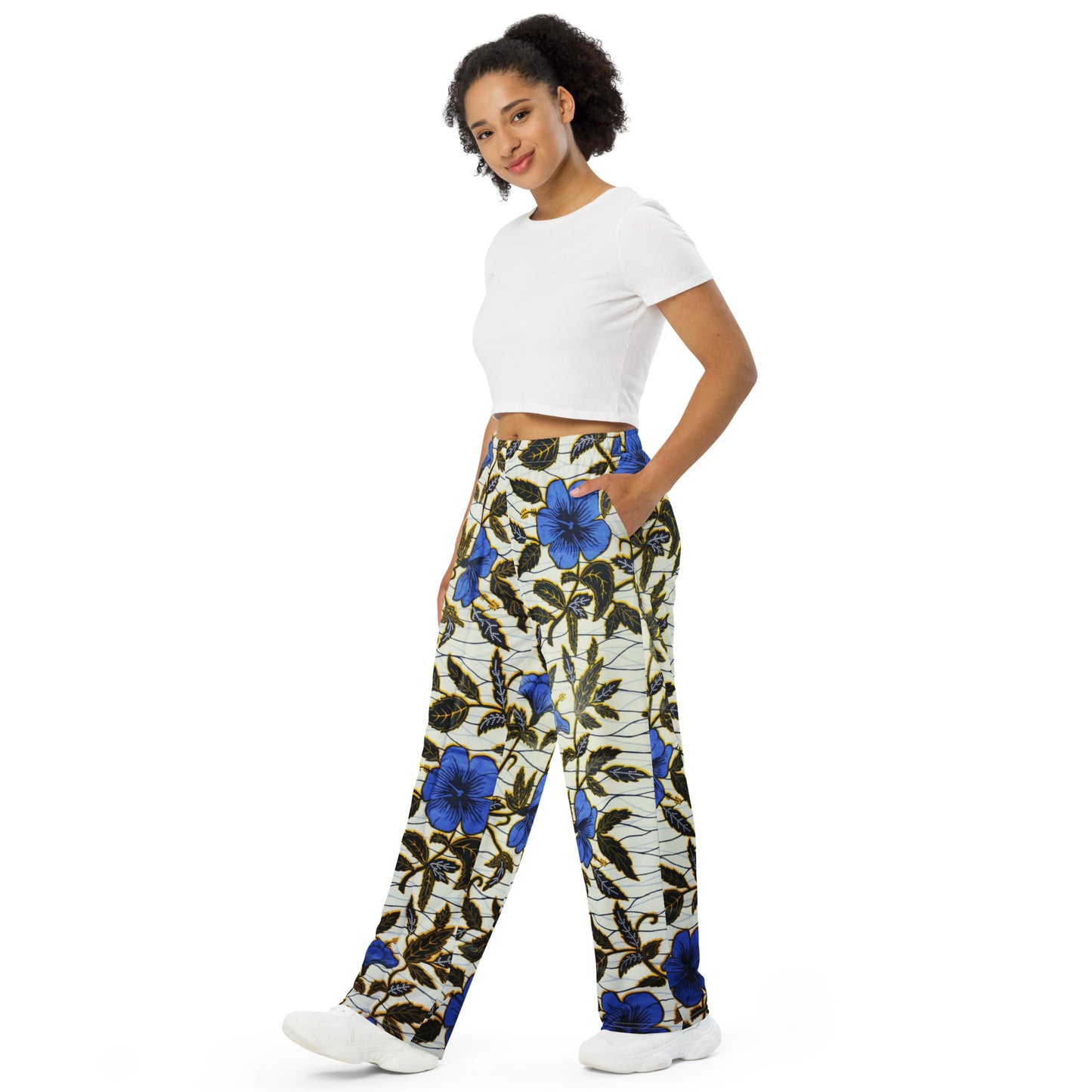 Cornflower Blue Leafy Ankara Unisex Wide-Leg Pants